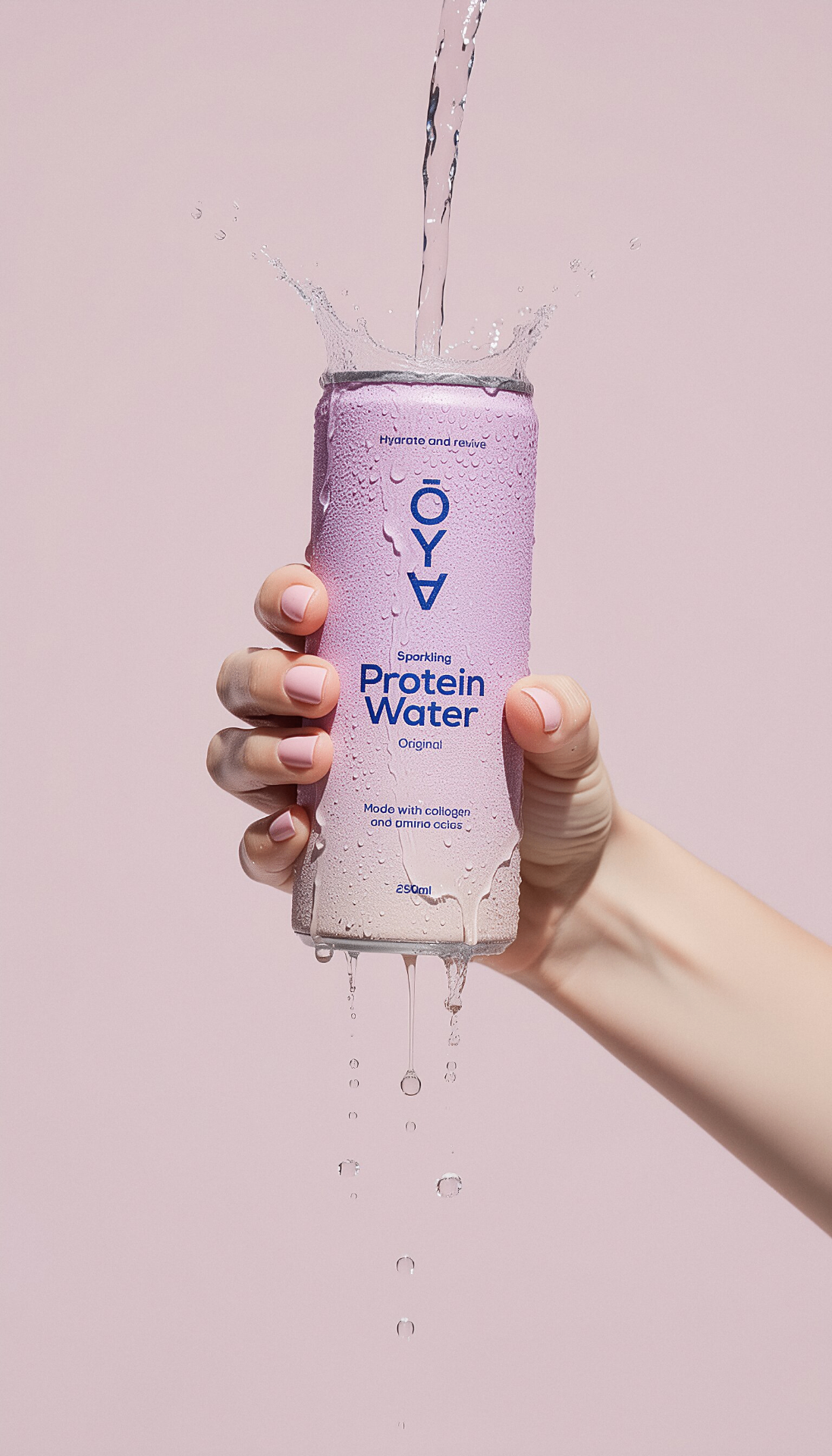 A hand holding a ŌYA Protein Water can